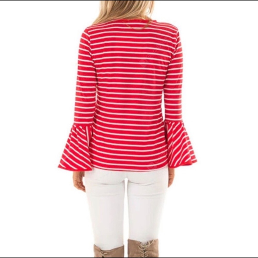 New! Bell Sleeve Red White Stripe Blouse - Picture 4 of 8